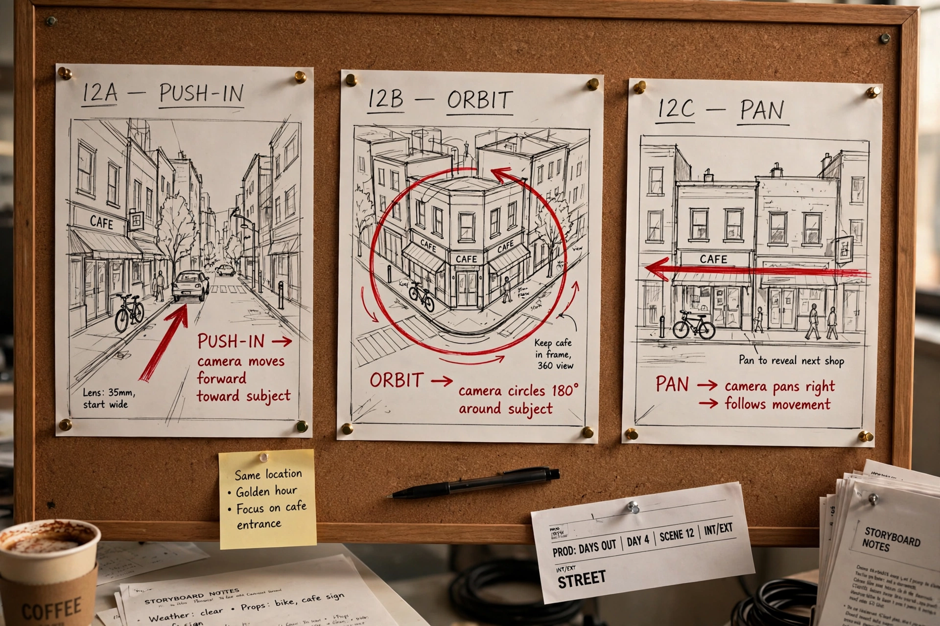 Storyboard panels showing AI video prompt camera moves: push-in, orbit, and pan
