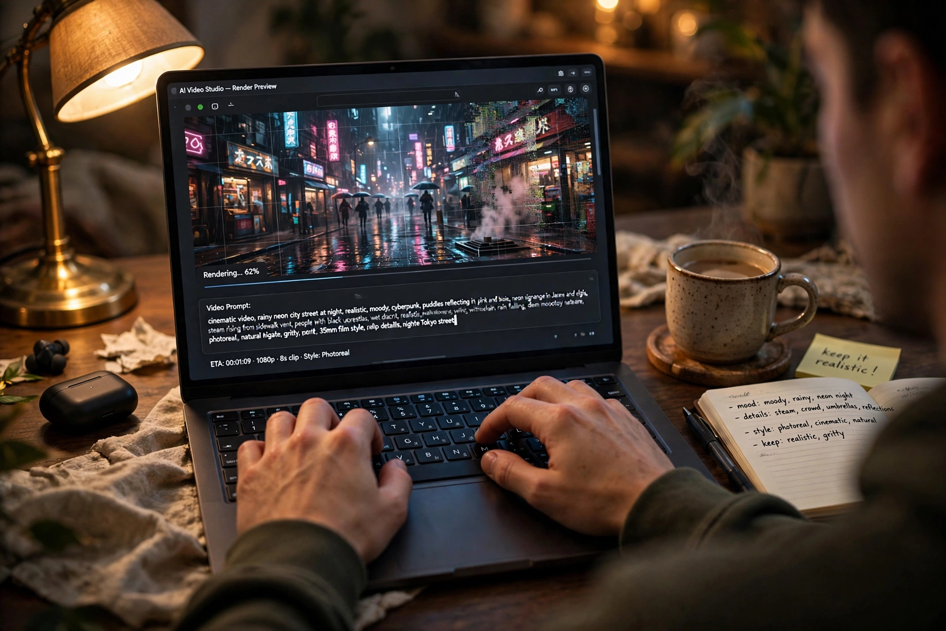 Creator typing detailed AI video prompts on a laptop with a video preview rendering