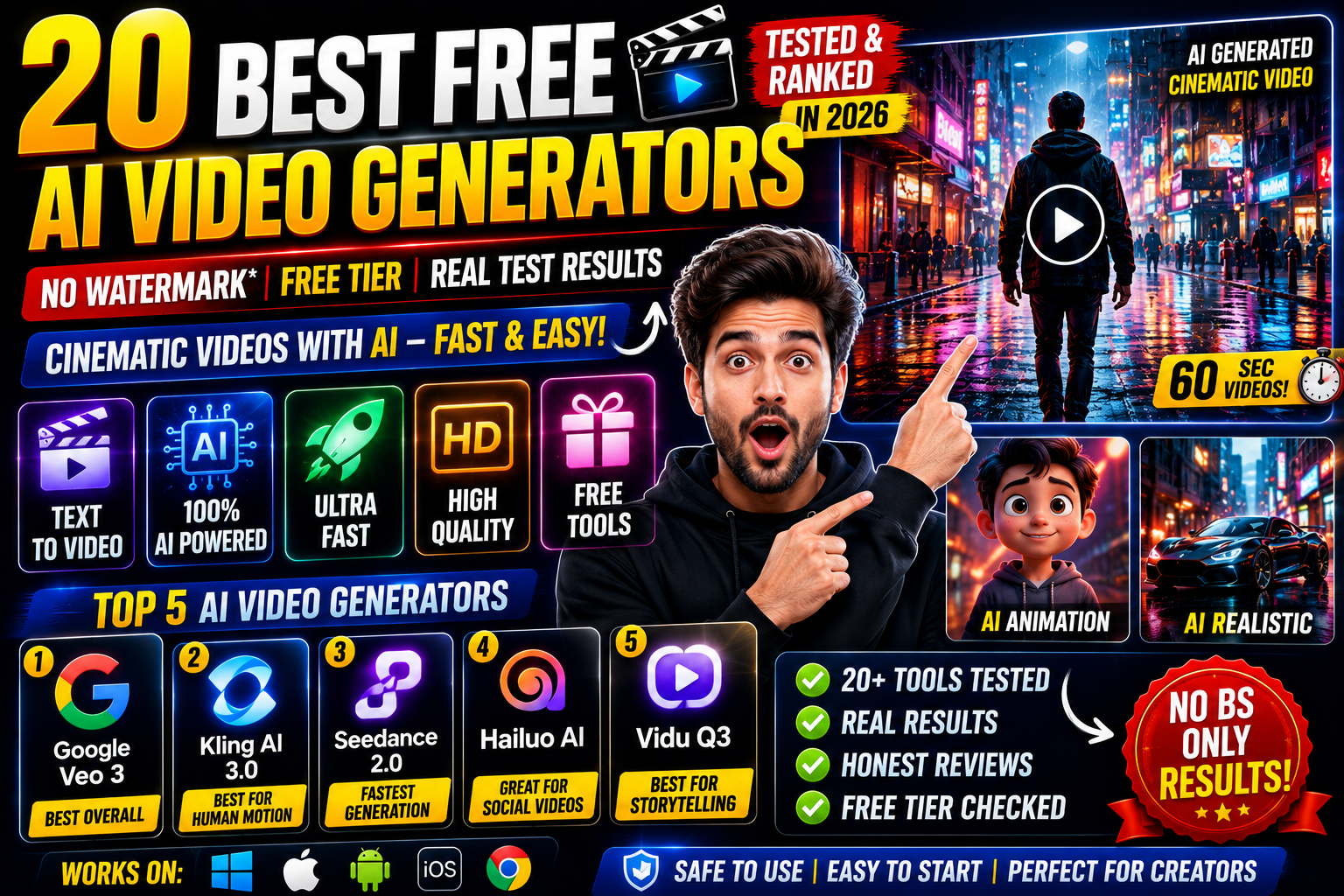 20 Best Free AI Video Generators in 2026 (No Watermark Options — Tested)