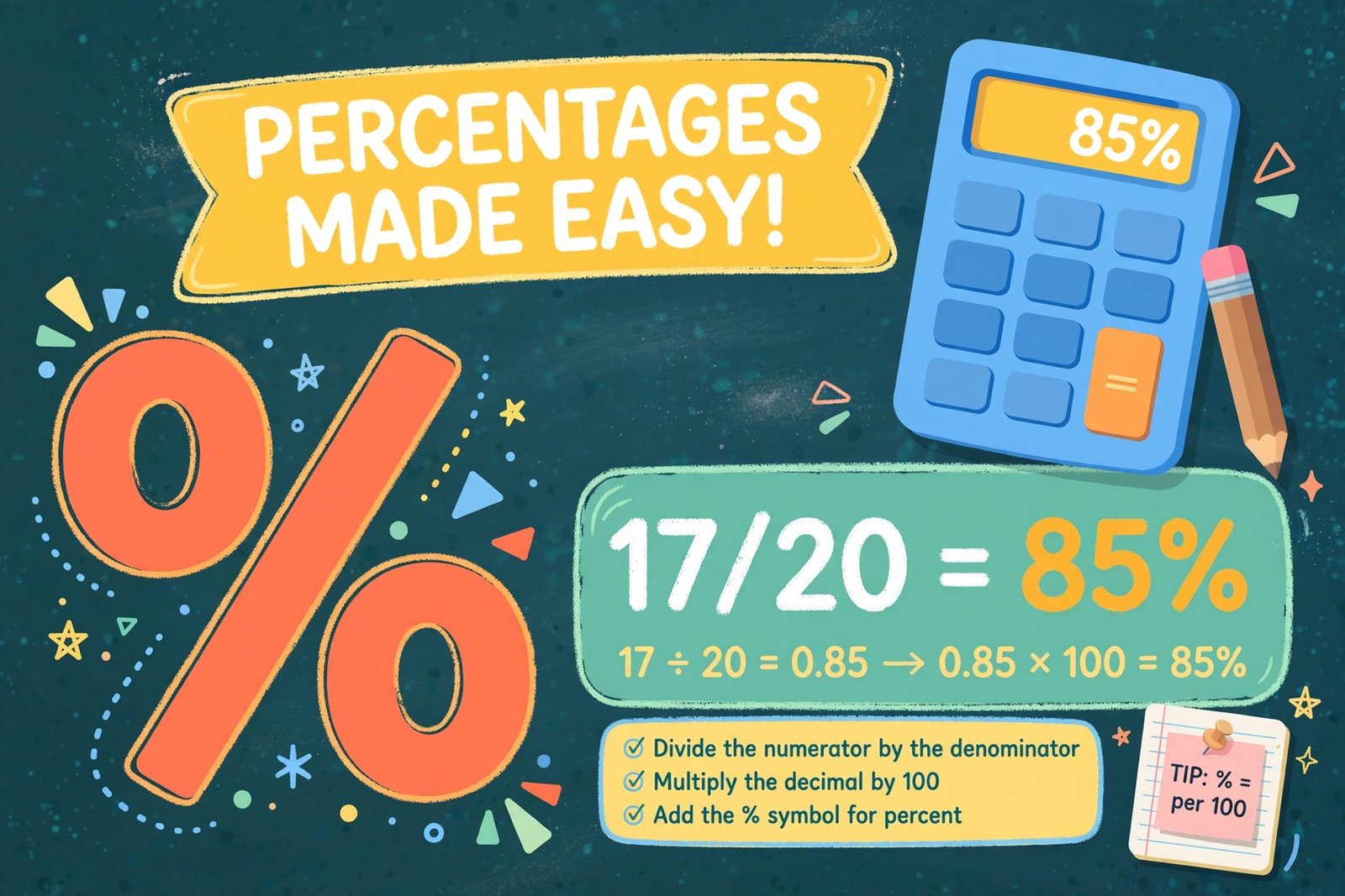 Illustration showing 17 divided by 20 equals 85 percent with calculation steps