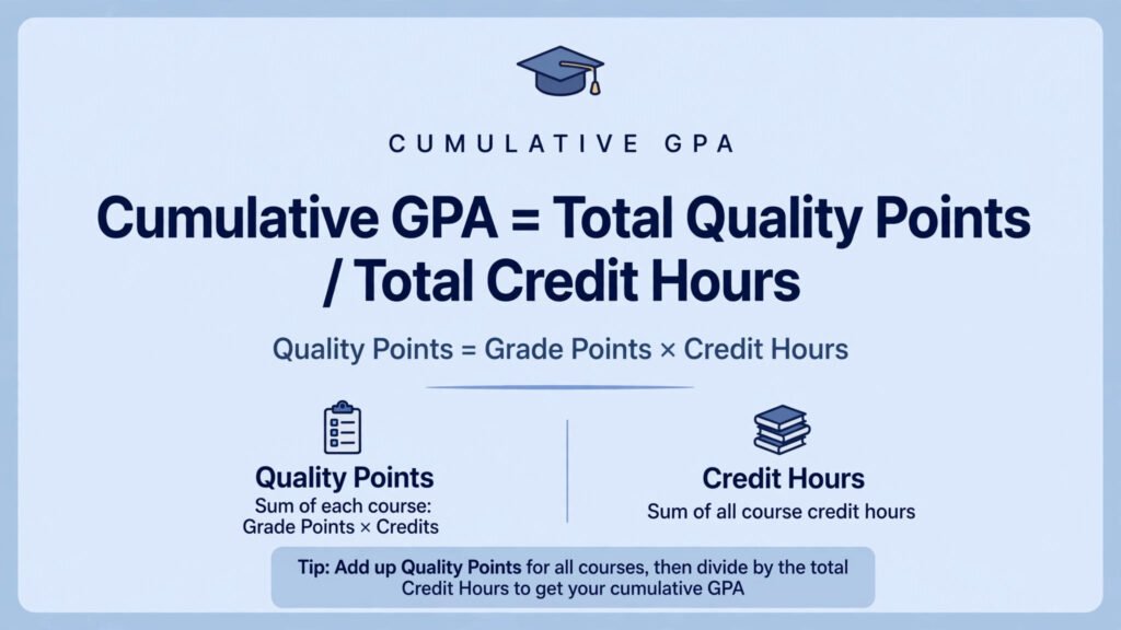 Cumulative GPA formula infographic showing Cumulative GPA equals Total Quality Points divided by Total Credit Hours