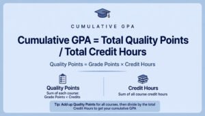 Cumulative GPA formula infographic showing Cumulative GPA equals Total Quality Points divided by Total Credit Hours