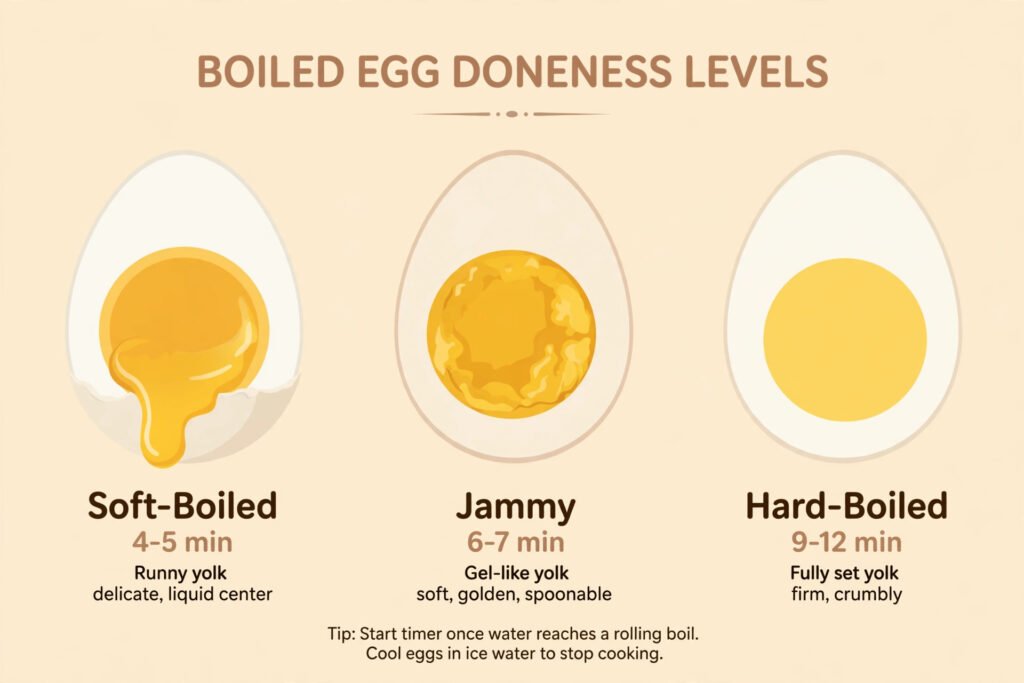 Boiled egg doneness guide showing soft-boiled 4-5 min, jammy 6-7 min, and hard-boiled 9-12 min