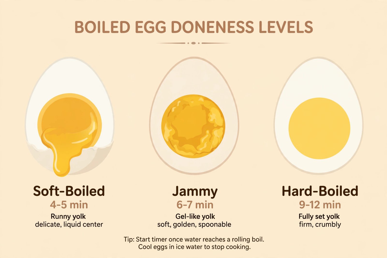 Boiled egg doneness guide showing soft-boiled 4-5 min, jammy 6-7 min, and hard-boiled 9-12 min