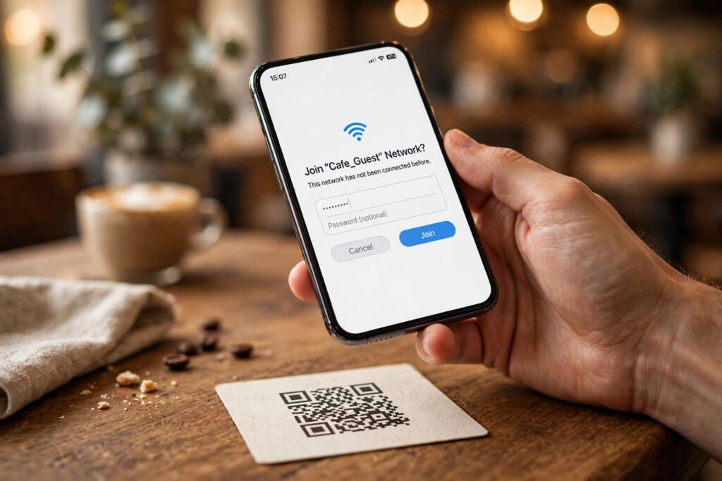 Hand holding a smartphone scanning a printed WiFi QR code card on a cafe table