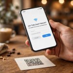 Hand holding a smartphone scanning a printed WiFi QR code card on a cafe table