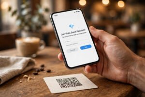 Hand holding a smartphone scanning a printed WiFi QR code card on a cafe table
