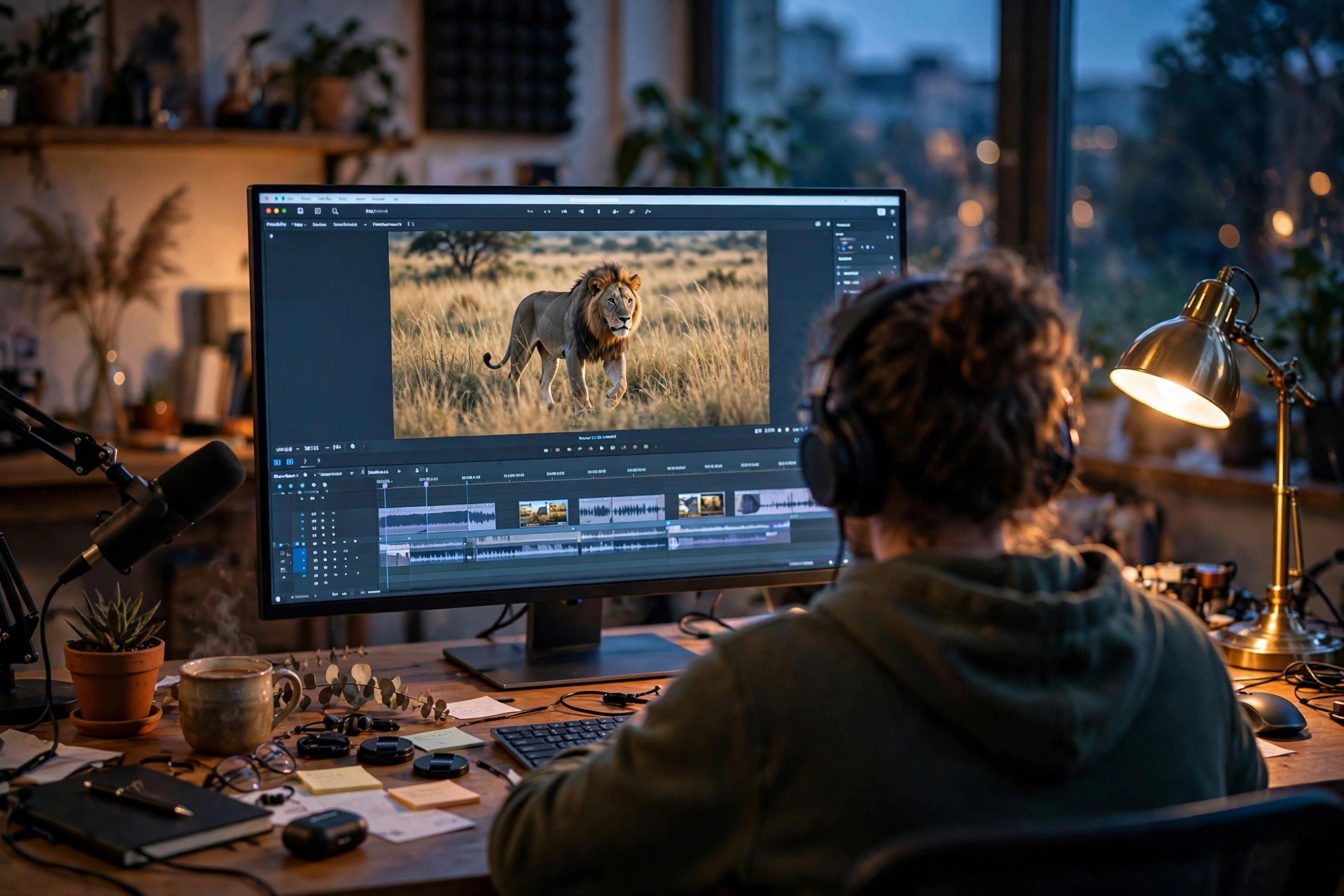 Content creator refining an AI-generated video on a laptop in a home studio
