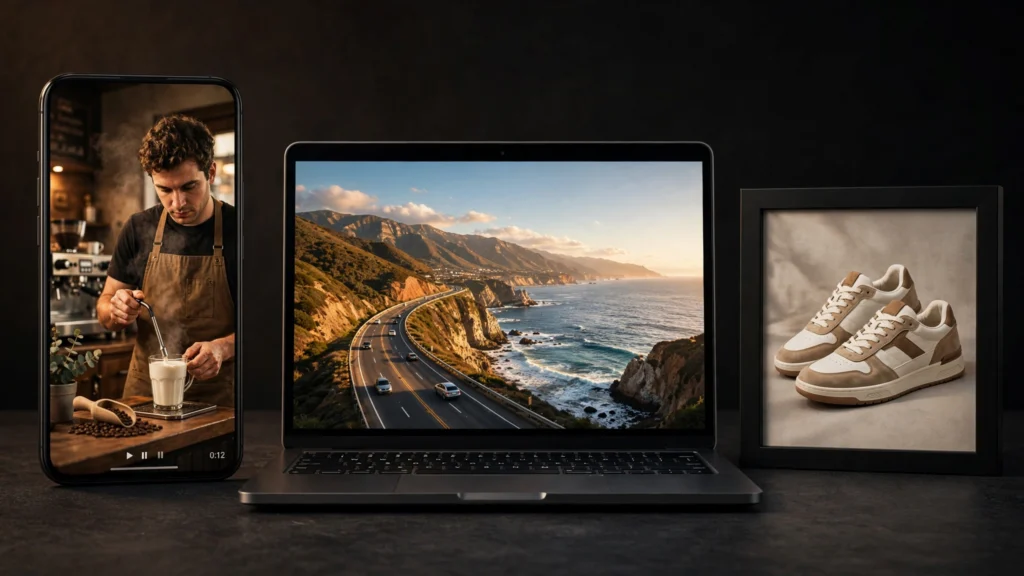 AI video aspect ratios compared: 9:16 vertical, 16:9 widescreen, 1:1 square