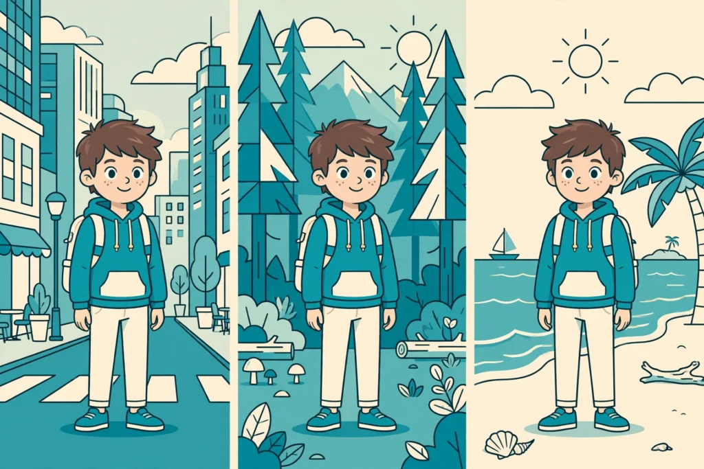 Same AI-generated character appearing consistently across three different video scenes