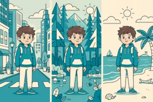 Same AI-generated character appearing consistently across three different video scenes
