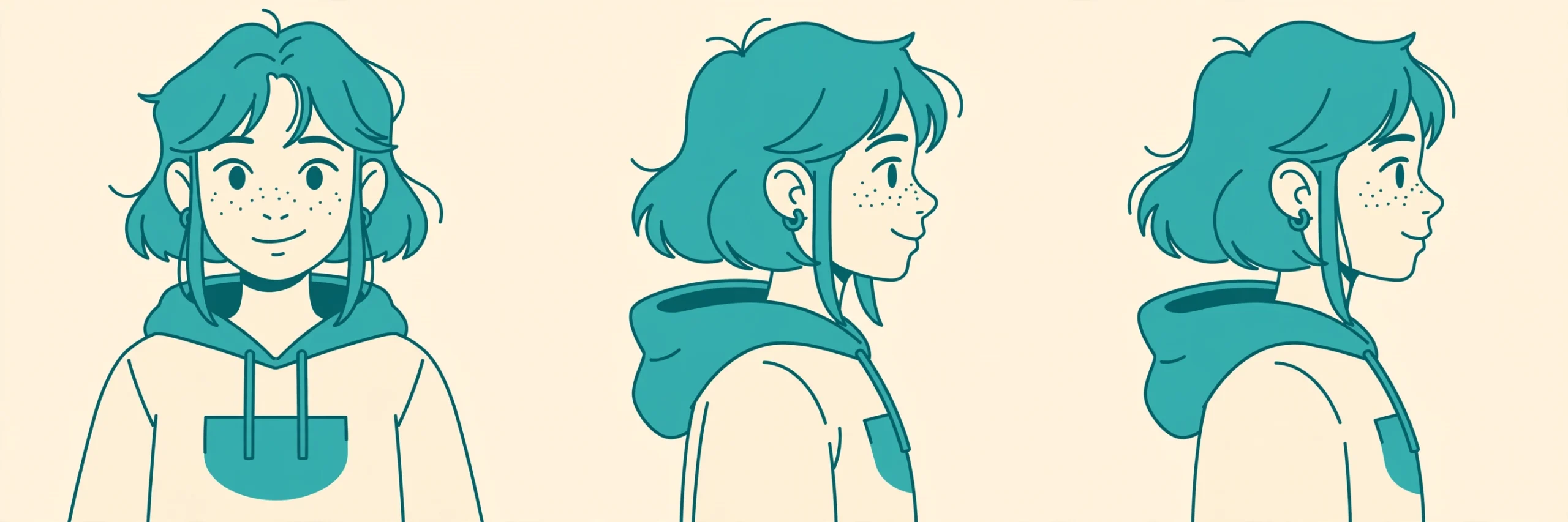 AI character reference sheet with front, side and three-quarter views