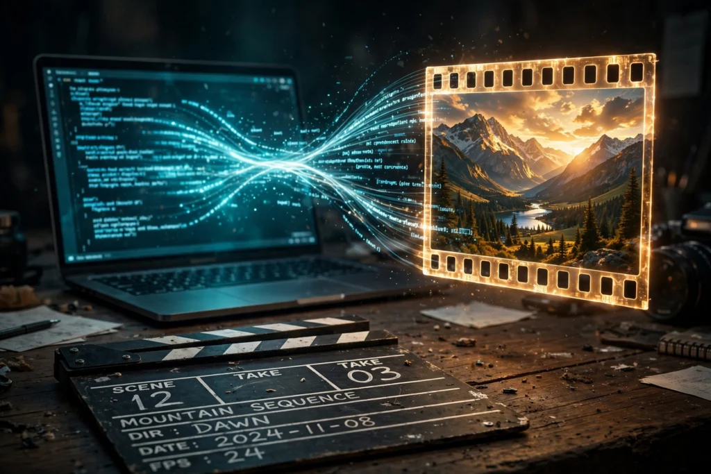 AI video prompt concept: glowing text transforming into a cinematic film frame