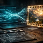 AI video prompt concept: glowing text transforming into a cinematic film frame