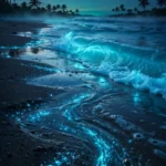 Bioluminescent Waves Glowing on a Tropical Beach at Dusk — AI generated preview