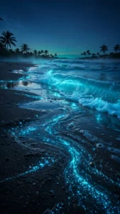 Bioluminescent Waves Glowing on a Tropical Beach at Dusk — AI generated preview