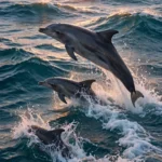 Dolphins Leaping Beside Ocean Swells at Sunrise — AI generated preview