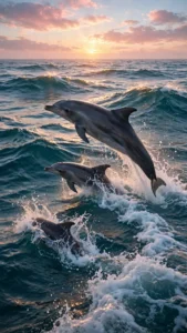 Dolphins Leaping Beside Ocean Swells at Sunrise — AI generated preview
