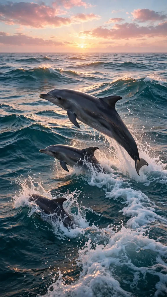 Dolphins Leaping Beside Ocean Swells at Sunrise — AI generated preview