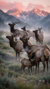 Elk Herd Grazing in a Misty Meadow at Dawn — AI generated preview