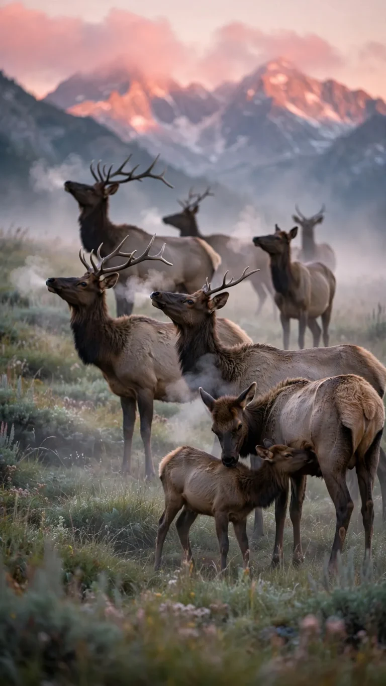 Elk Herd Grazing in a Misty Meadow at Dawn