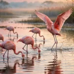 Flamingos Wading Through a Shallow Pink Lagoon at Dawn — AI generated preview
