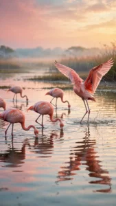 Flamingos Wading Through a Shallow Pink Lagoon at Dawn — AI generated preview