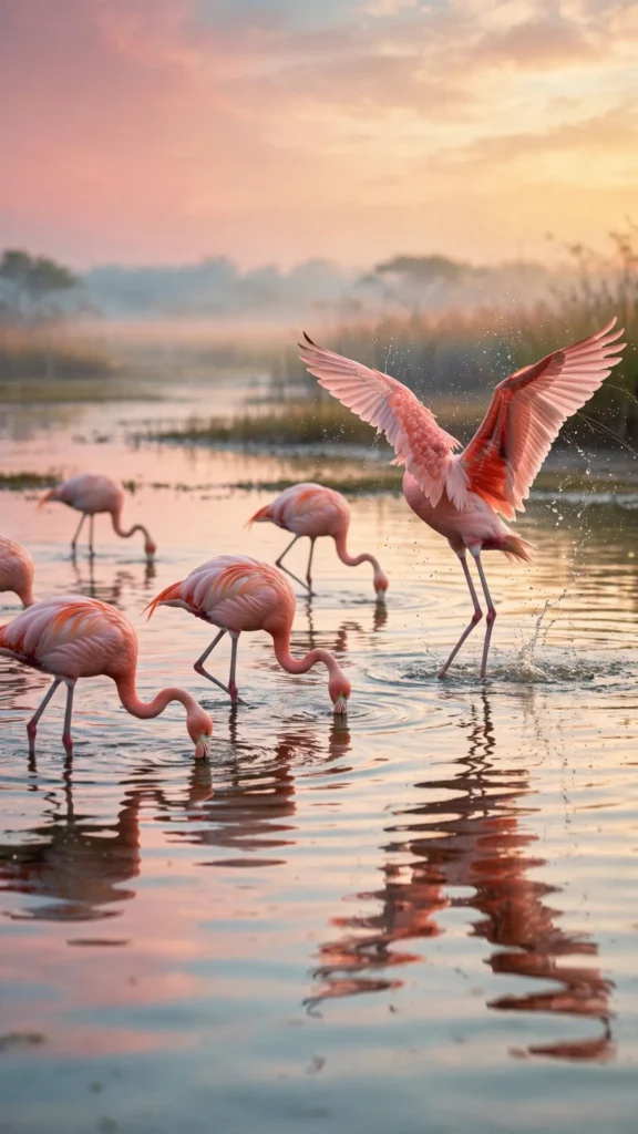 Flamingos Wading Through a Shallow Pink Lagoon at Dawn — AI generated preview