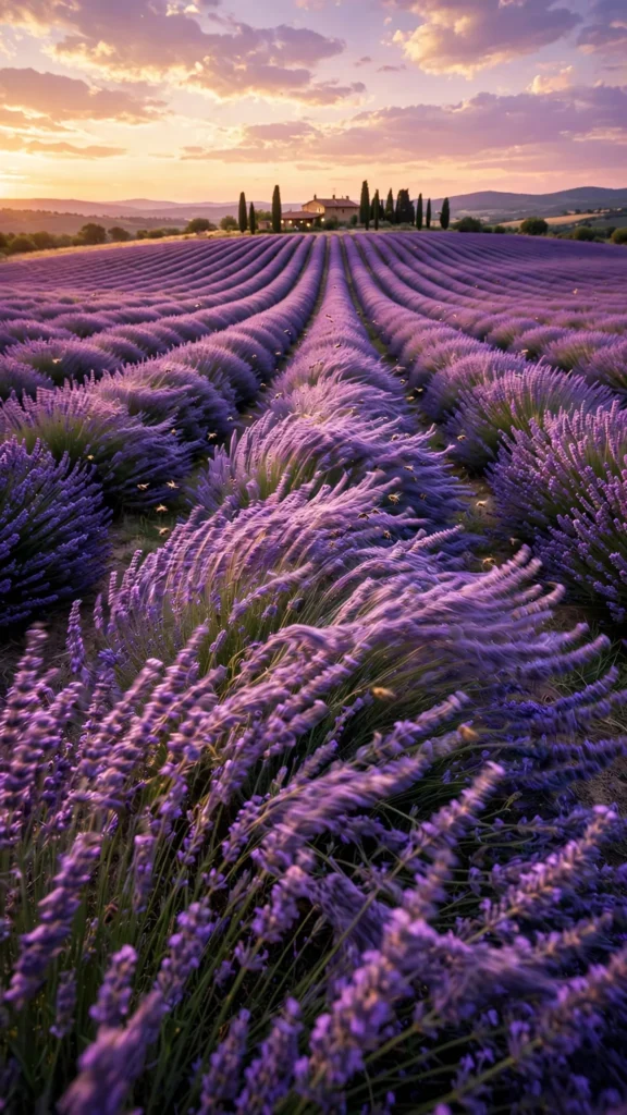 Lavender Field in Full Bloom — Drone Glide at Sunset — AI generated preview