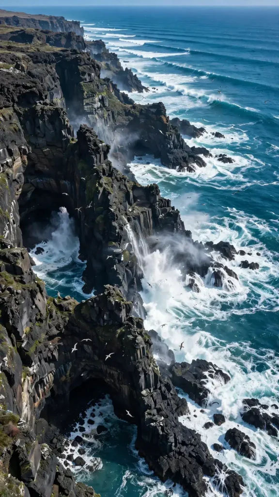 Turquoise Ocean Waves Crashing Against Sea Cliffs — Drone View — AI generated preview