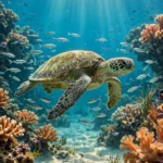 Sea Turtle Gliding Over a Coral Reef in Crystal Water — AI generated preview