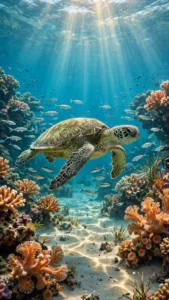 Sea Turtle Gliding Over a Coral Reef in Crystal Water — AI generated preview