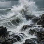 Storm Waves Exploding Against Coastal Rocks — AI generated preview