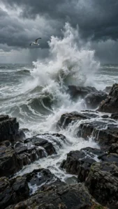 Storm Waves Exploding Against Coastal Rocks — AI generated preview