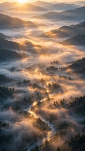 Sunrise Burning Through Fog Over a Misty Mountain Valley — AI generated preview