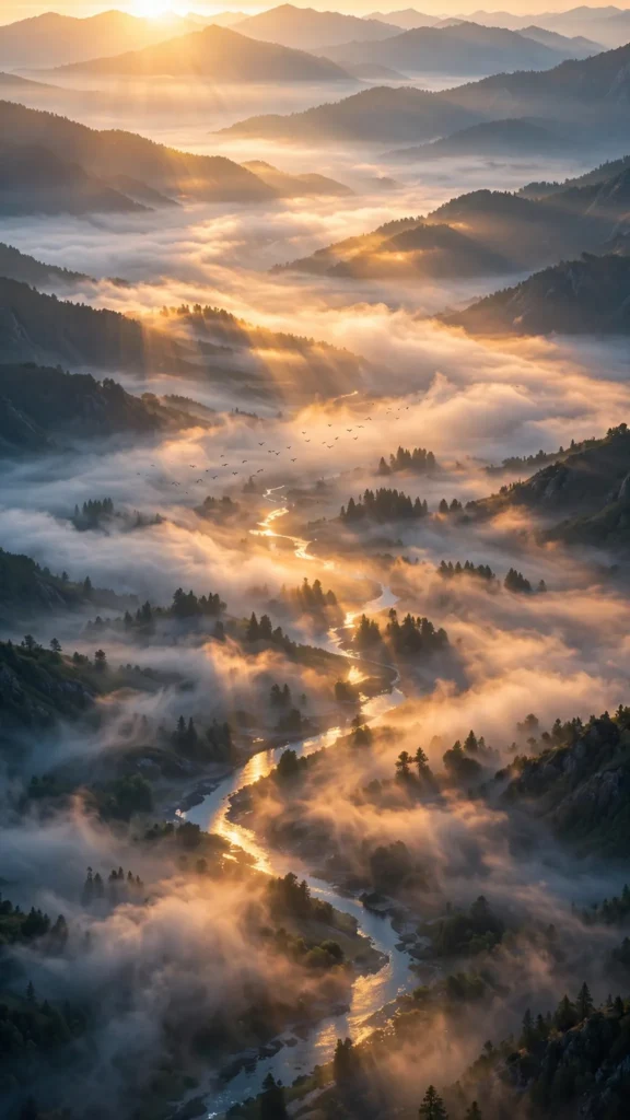 Sunrise Burning Through Fog Over a Misty Mountain Valley — AI generated preview