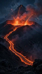 Volcano Erupting at Night — Glowing Lava Against the Stars — AI generated preview