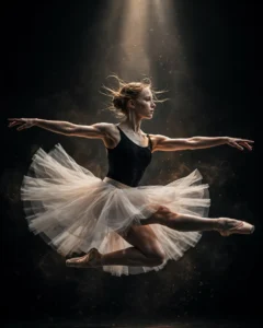 Ballet Dancer Motion Portrait Prompt: Leap in a Dark Studio — AI generated preview