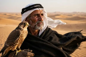 Desert Nomad Portrait Prompt: Bedouin Man with Falcon — AI generated preview