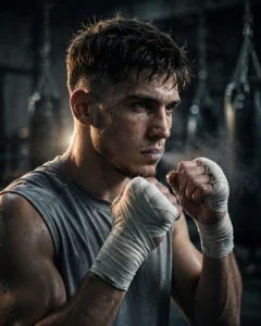 Boxer Gym Portrait Prompt: Dramatic Rim Light and Sweat — AI generated preview