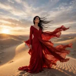 Desert Editorial Fashion Portrait Prompt: Red Dress in the Dunes — AI generated preview