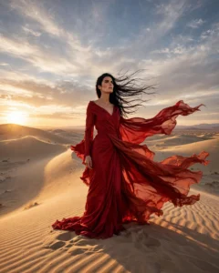 Desert Editorial Fashion Portrait Prompt: Red Dress in the Dunes — AI generated preview
