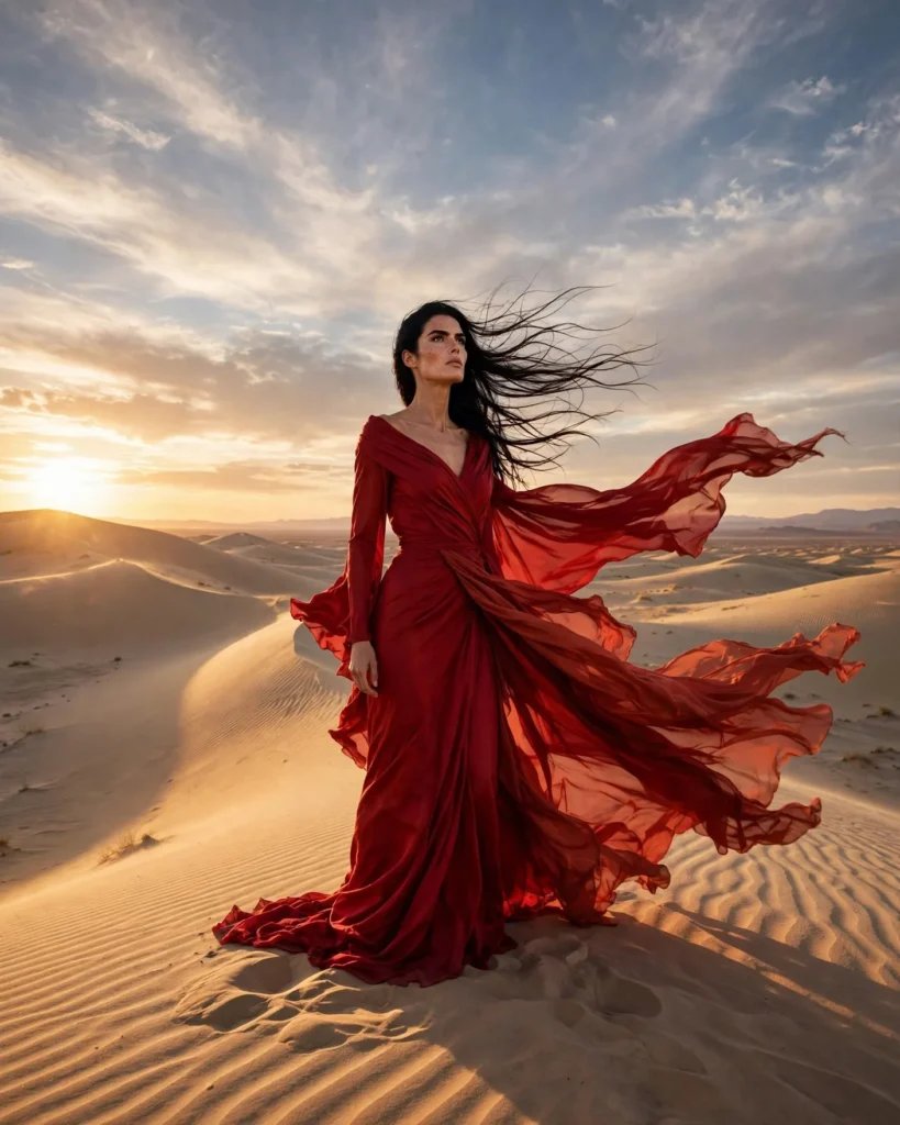 Desert Editorial Fashion Portrait Prompt: Red Dress in the Dunes — AI generated preview