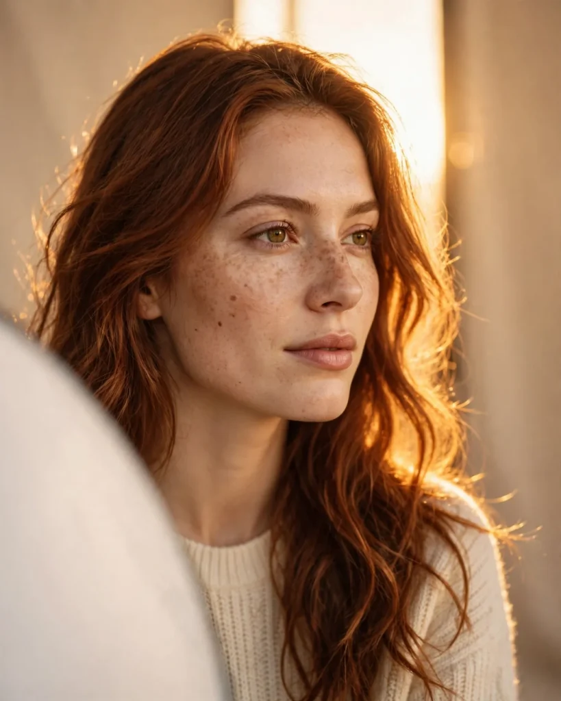 Golden Hour Studio Portrait Prompt: Warm Backlit Woman with Freckles — AI generated preview