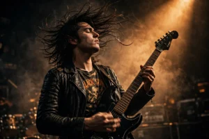 Stage Musician Portrait Prompt: Guitarist in Smoky Spotlight — AI generated preview