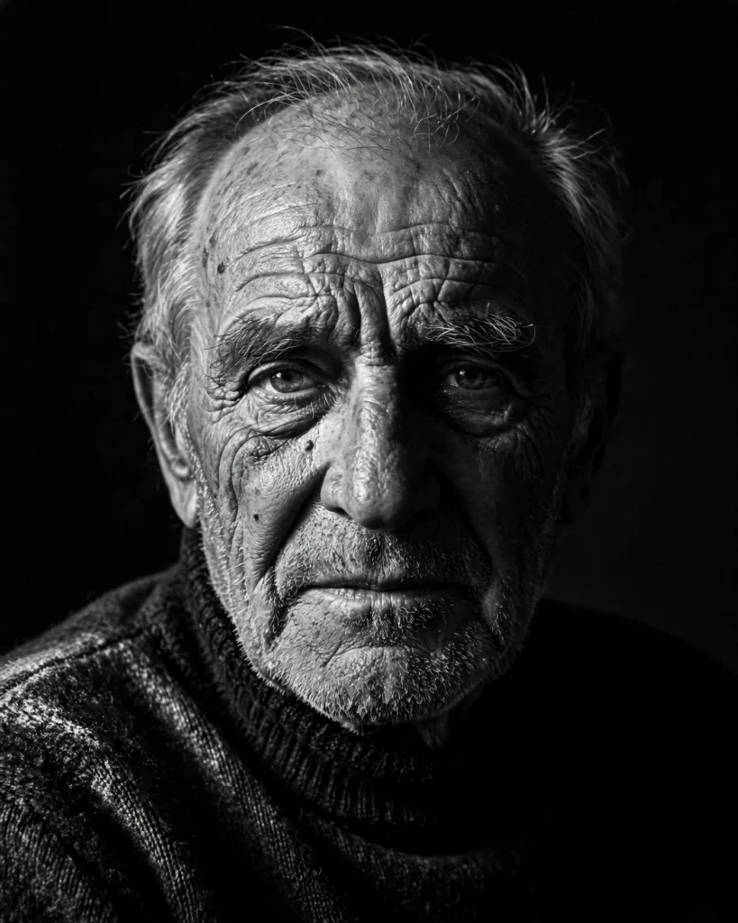 Moody Black-and-White Portrait Prompt: Elderly Man in Chiaroscuro Light — AI generated preview