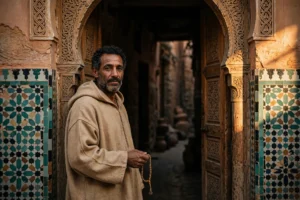 Moroccan Medina Portrait Prompt: Man in Djellaba Doorway — AI generated preview