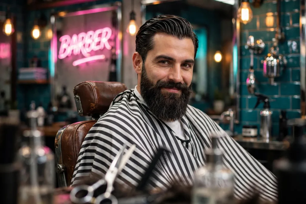 Neon Barbershop Portrait Prompt: Bearded Man in Vintage Chair — AI generated preview