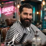 Neon Barbershop Portrait Prompt: Bearded Man in Vintage Chair — AI generated preview