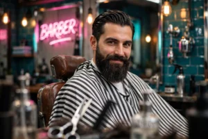 Neon Barbershop Portrait Prompt: Bearded Man in Vintage Chair — AI generated preview